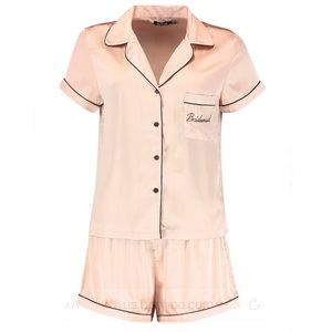 boohoo Bridesmaid Rose Gold Satin Pajamas Shorts Set
